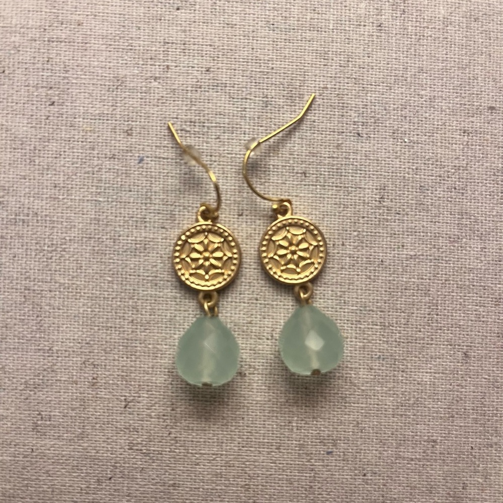 Gold and Green Medallion Stone Teardrop Earrings - Picture 2 of 4